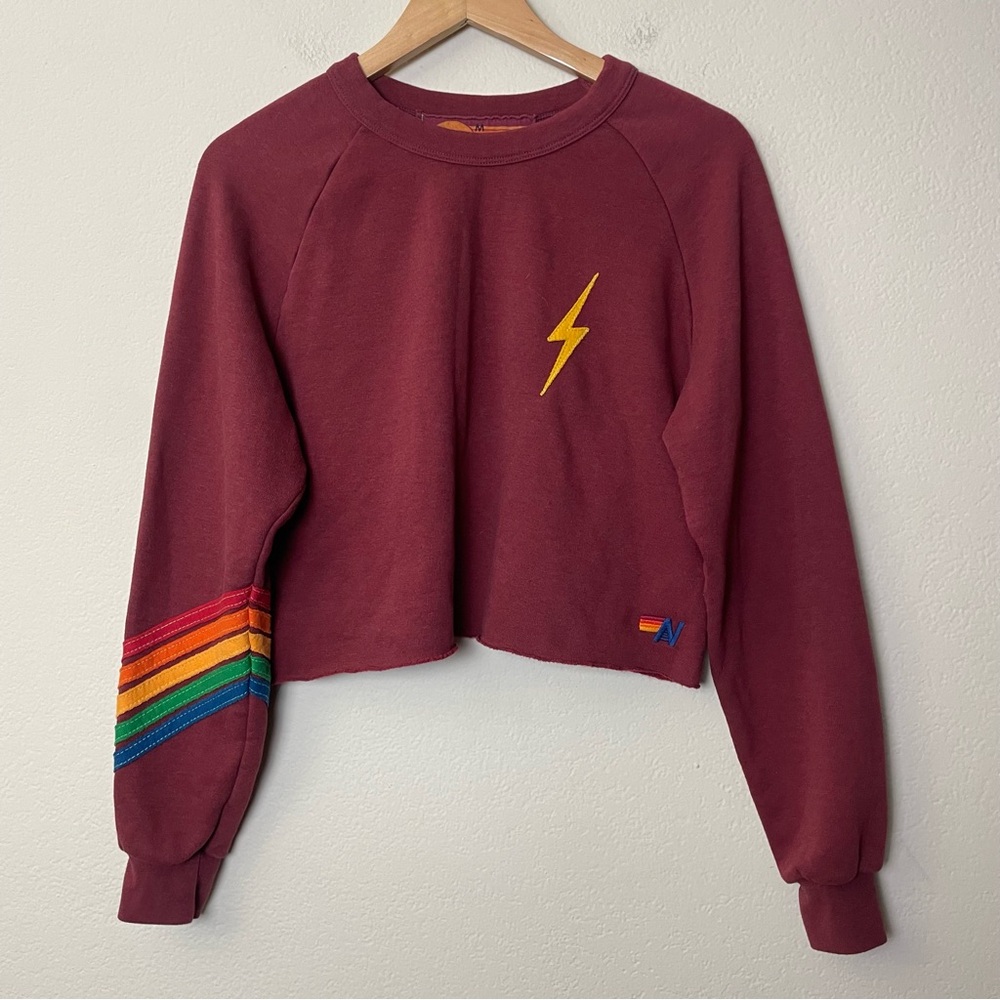 Aviator Nation Cropped Sweater Medium Women’s Rainbow 5 Stripe Lightning Bolt